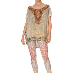 Camilla Cotton Embellished Bohemian Wanderlust Beige/Orange Kaftan Blouse Sz S